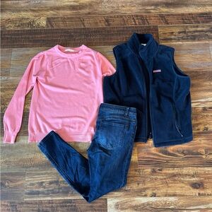 Preppy Style Bundle: Pink Sweater, Vineyard Vines Vest,& Wit&Wisdom Skinny Jeans